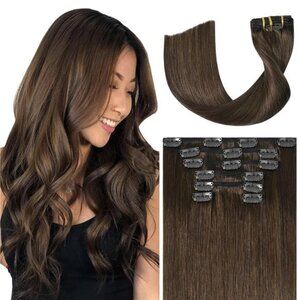 Brown Hair Extensions Real Human Hair, 18 Inch 75g 7pcs Medium Brown Clip